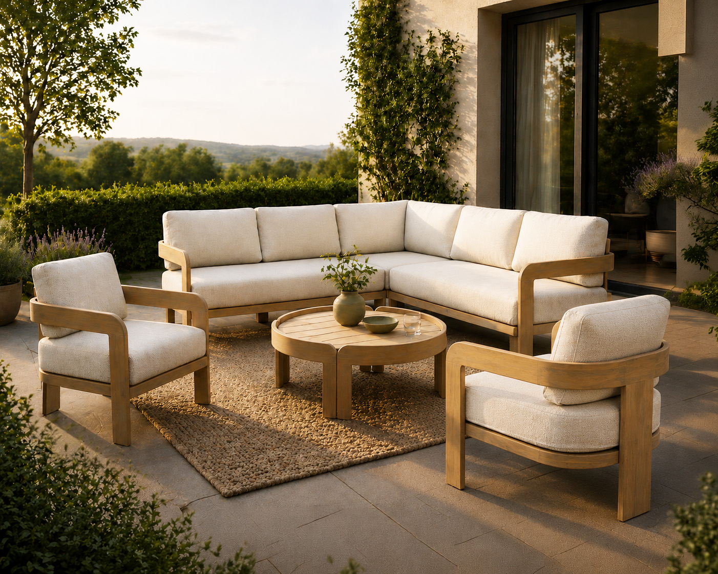 modern und stylish - Blocky Gartenloungeset mit massivem Tisch und 2 bequemen Loungesesseln