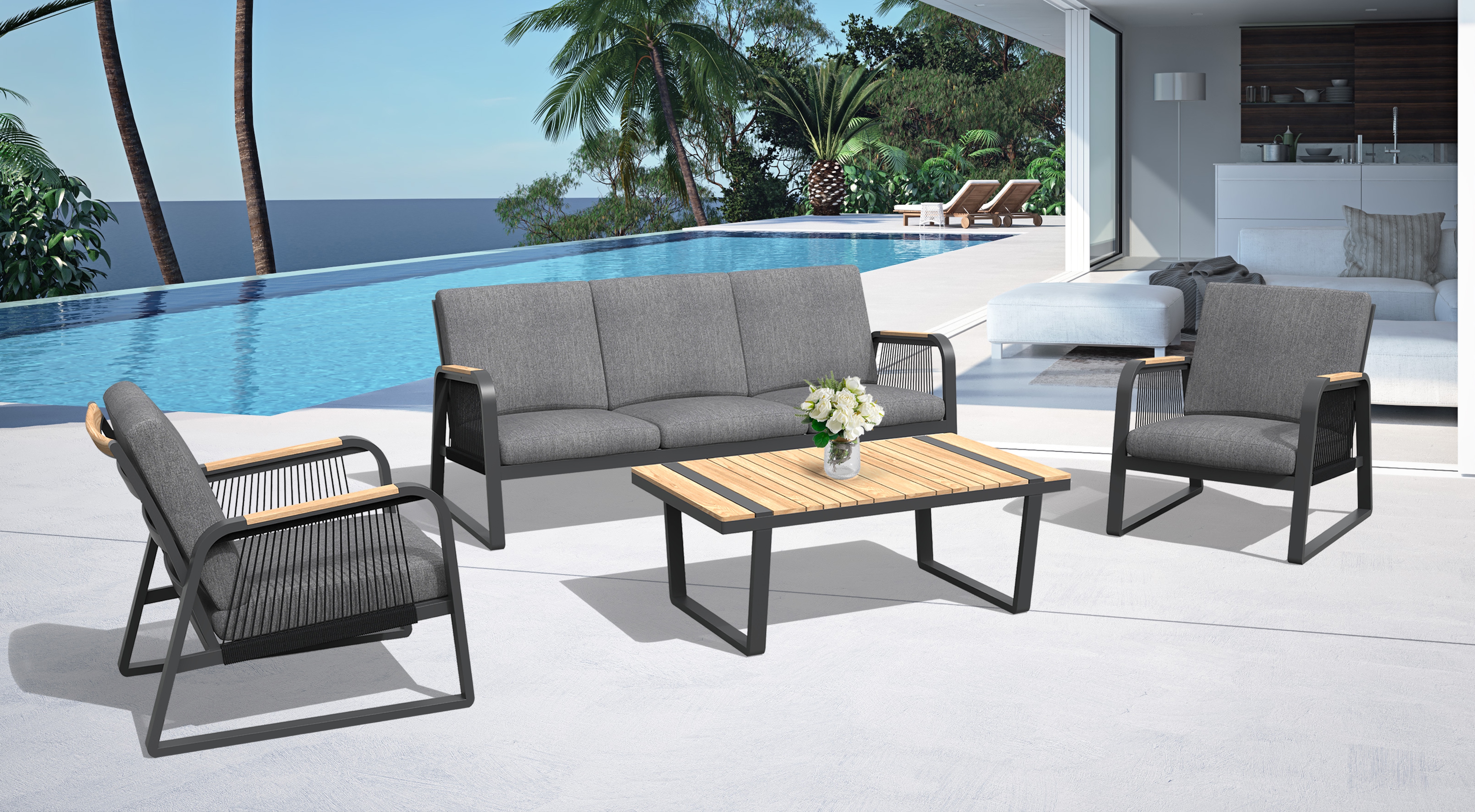 Robinson-Loungeset-xl Teak Echtholz Loungeset Robinson (Sofa + 2 Sessel + Lounge Tisch)