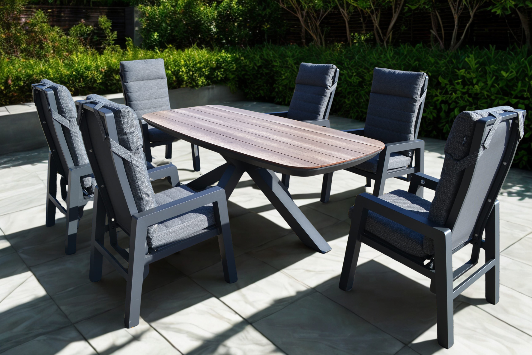 Gartengarnitur Bradfort für 6 Personen mit HPL Gartentisch & 6 verstellbaren Montana Gartenstühlen