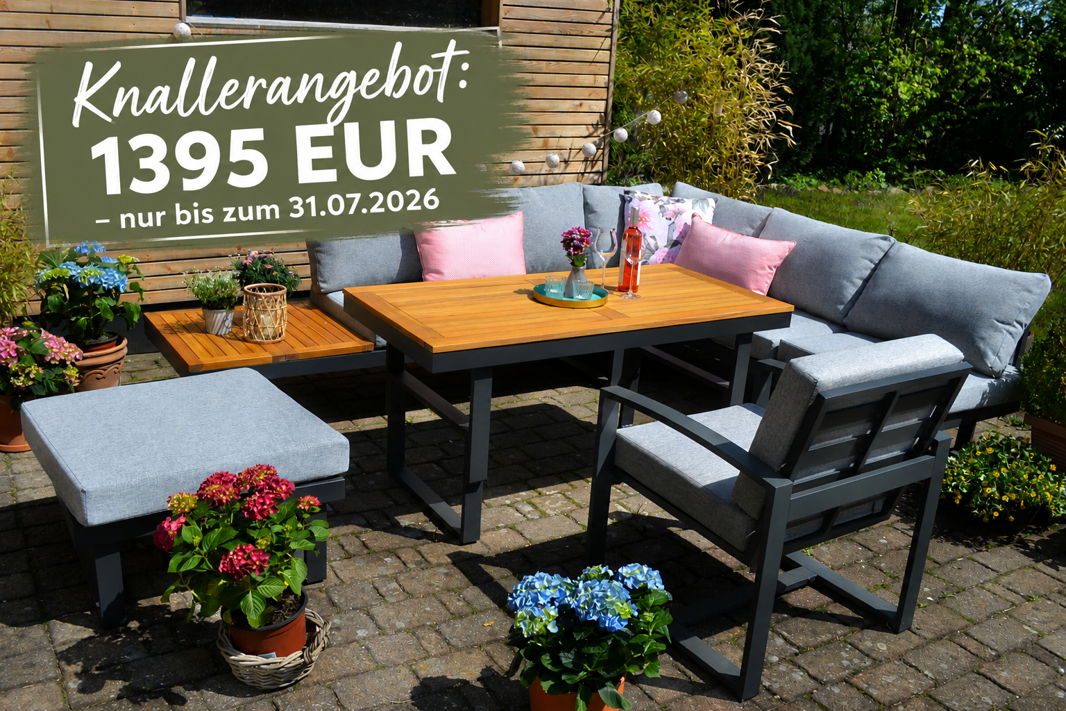 Ecklounge Santorini  ACACIA  Wood - Tisch höhenverstellbar + 1 Lounge Sessel + 1 Hocker/