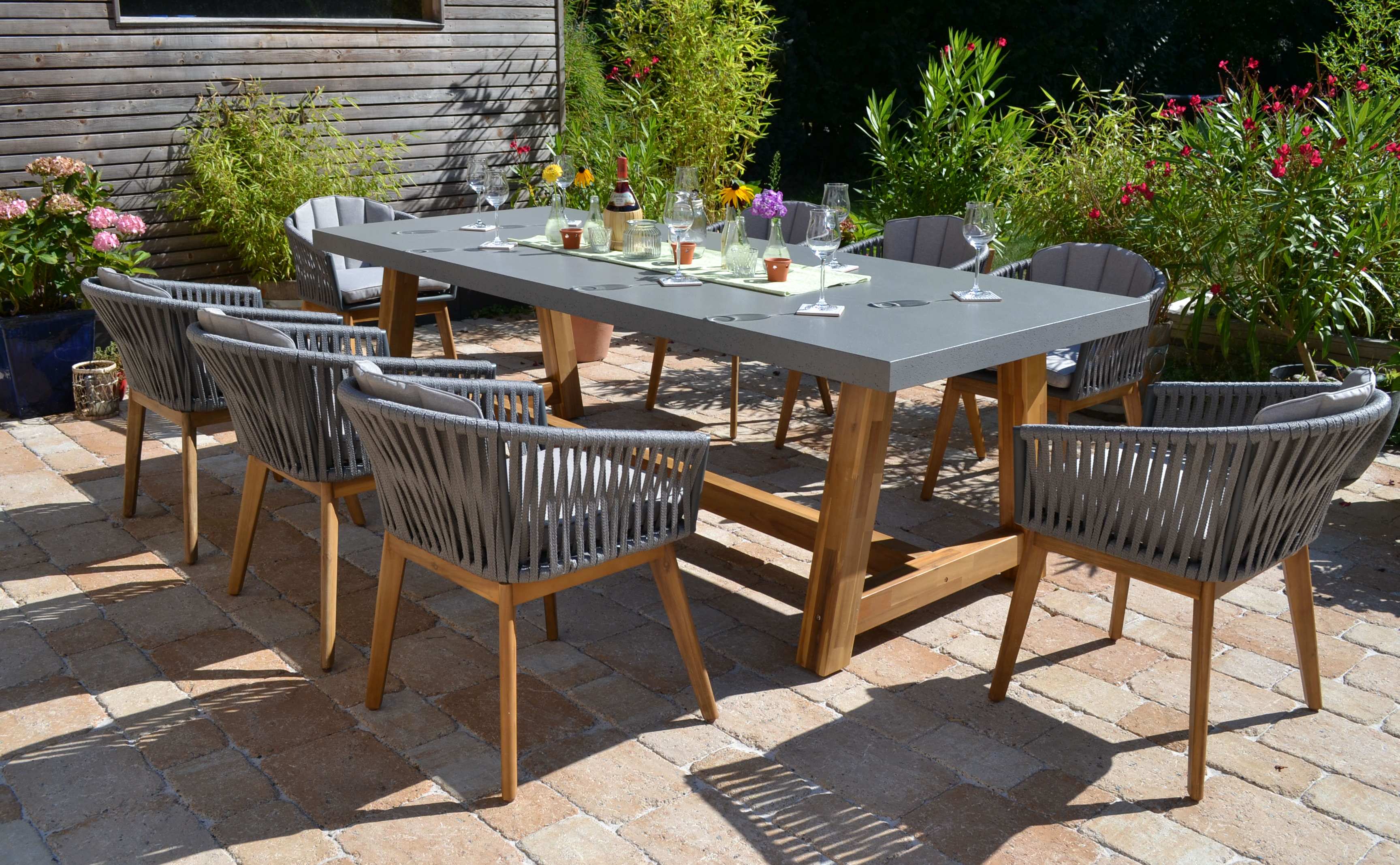 Veltis 250x100 cm Acacia+Polystone XL Tisch + 8 Stühle Salamanca im Seil Design