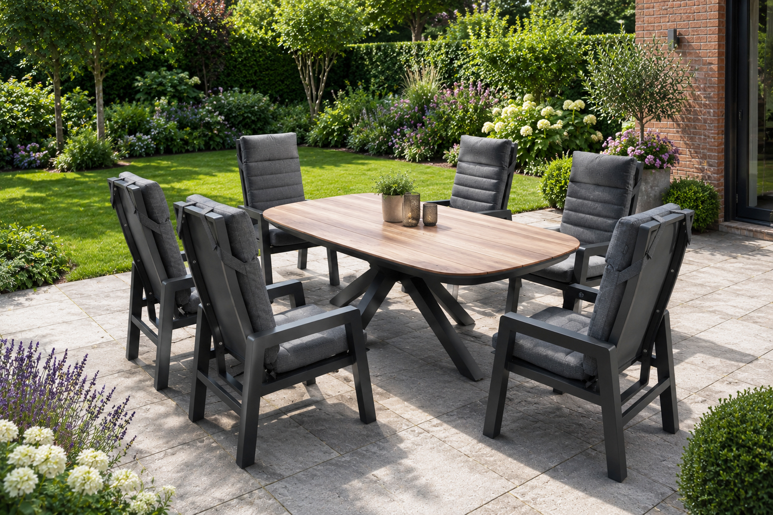 unempfindliche Gartengarnitur Bradfort für 6 Personen mit HPL Gartentisch & 6 verstellbaren Montana Gartenstühlen mit Liegefunktion