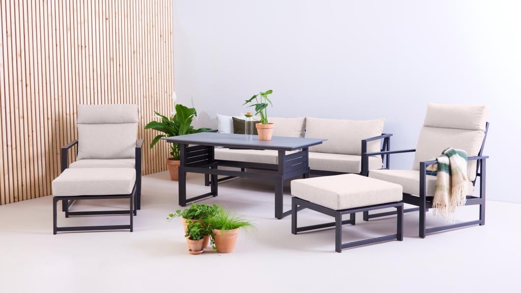 Outfit Loungegruppe Iris - Sofa + 2 Sessel mit Liegefunktion + 1 Hocker + Tisch - Polster beige