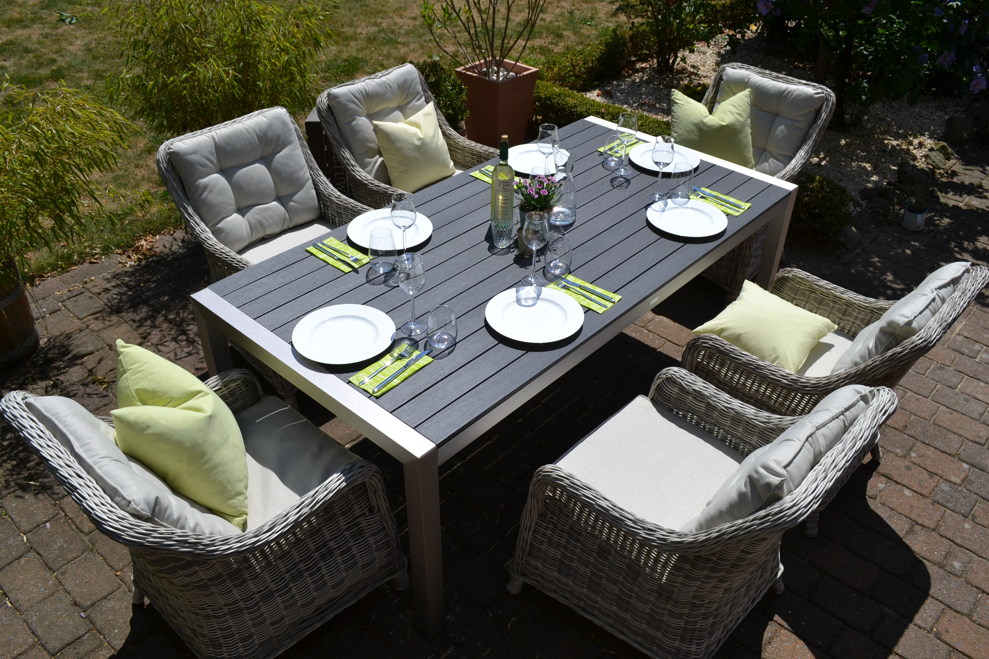 großer Gartentisch Miami XL 250x100cm mit 8 Sesseln Como grau Polster beige 15705 Gartenmöbel