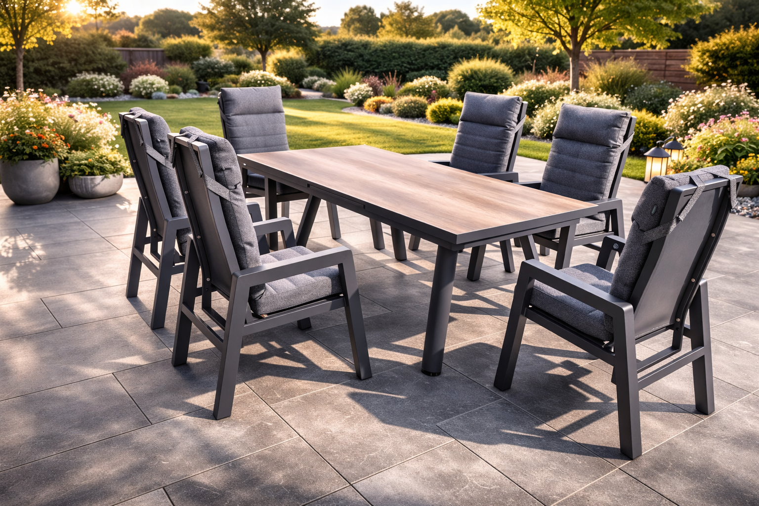 Gartengarnitur 8 Personen mit HPL Ausziehtisch Monte Carlo im Eichedecor & Montana Gartenstühlen