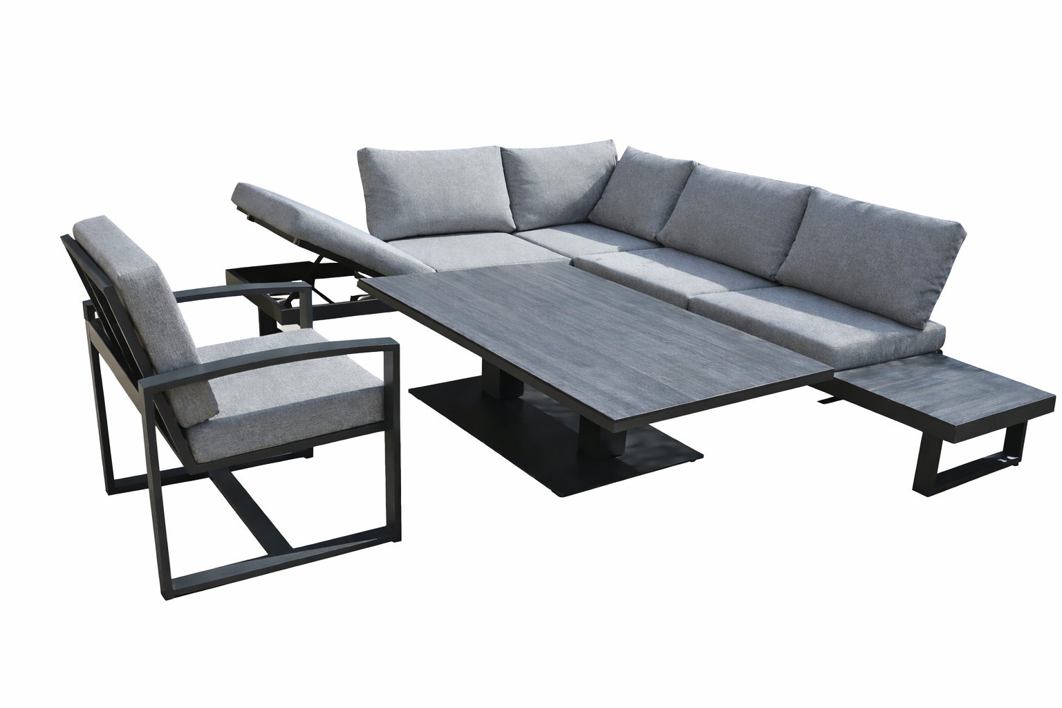 HPL Gartenecklounge Beltona grau + 150x90 cm Lift Tisch höhenverstellbar + 1 Lounge Sessel