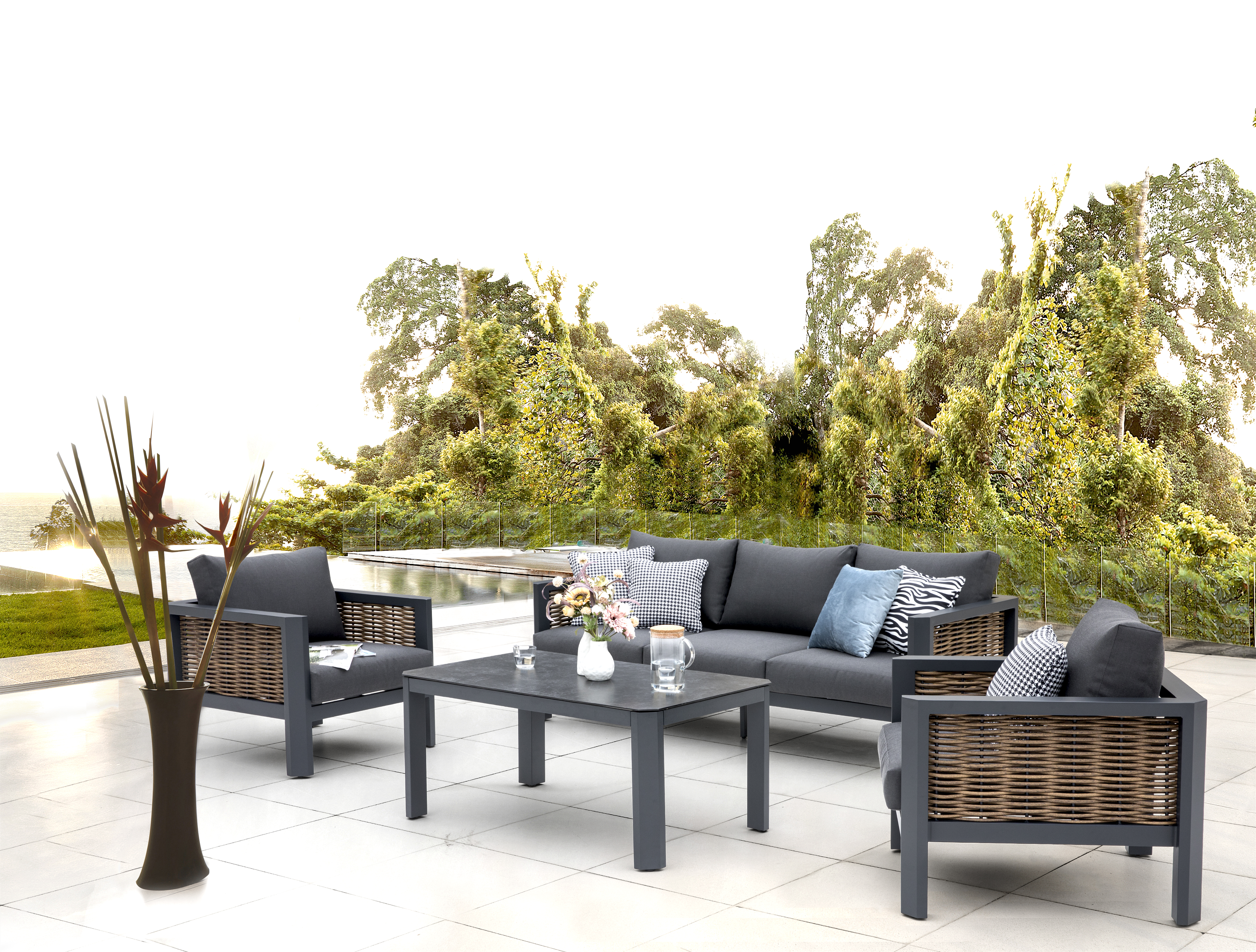 Gartenlounge Garnitur Calgary - großes Sofa + Tisch 120x70 cm + 2 bequeme Lounge Sessel