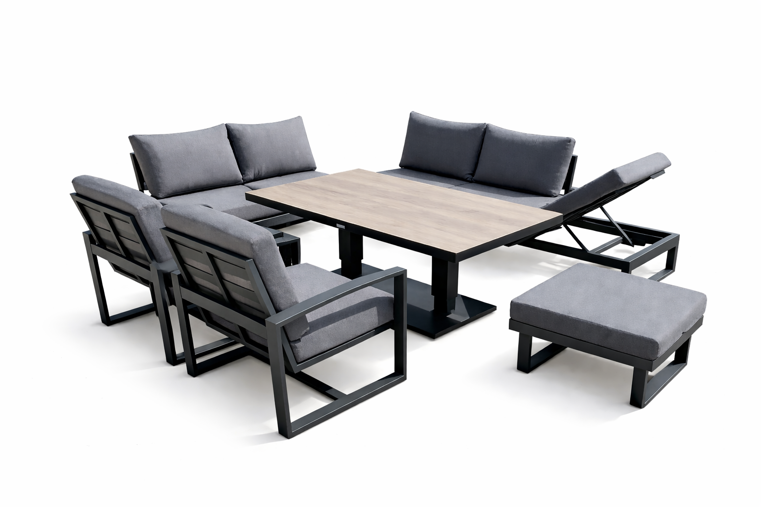 Gartenlounge Set mit Ecksofa, höhenverstellbarem Tisch, Sesseln und Hocker
