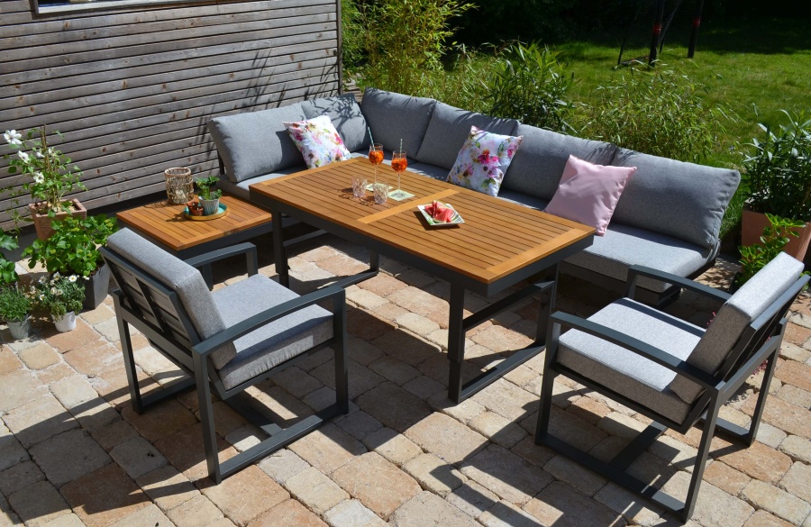 Ecklounge Santorini ACACIA Wood XL + 160x80cm Tisch höhenverstellbar
